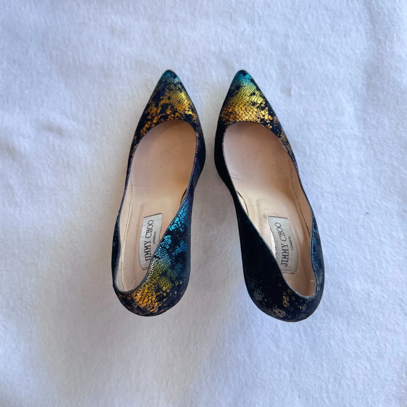 Jimmy Choo Multicolor Metallic Snake‑Print Suede Pumps Size 38 Pointed Heels - Image 10