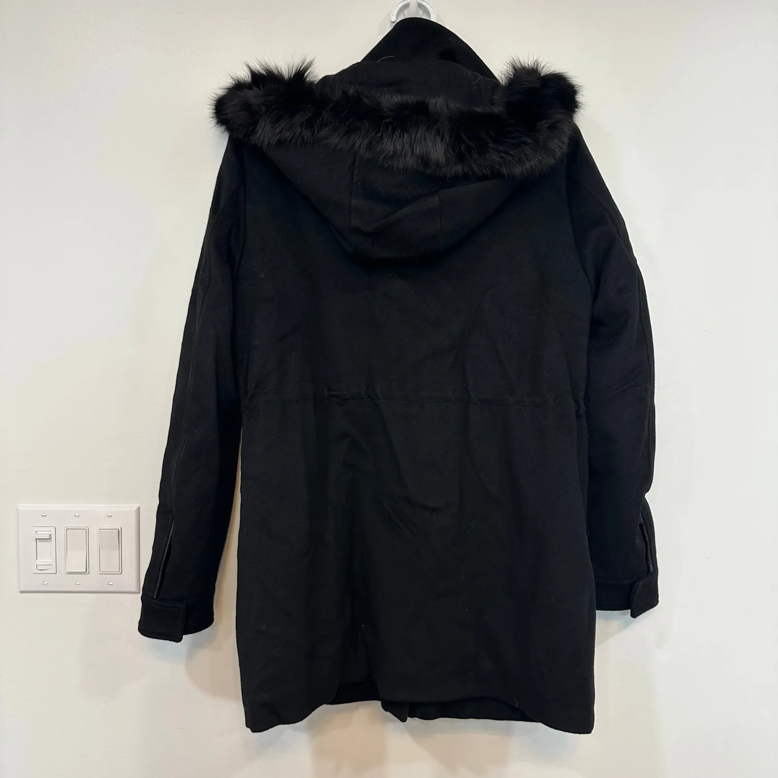 Heresis Womens Jacket 44 100% Wool Hood Faux Fur Outerwear Zip Button Italy Black Size 8 - Image 11