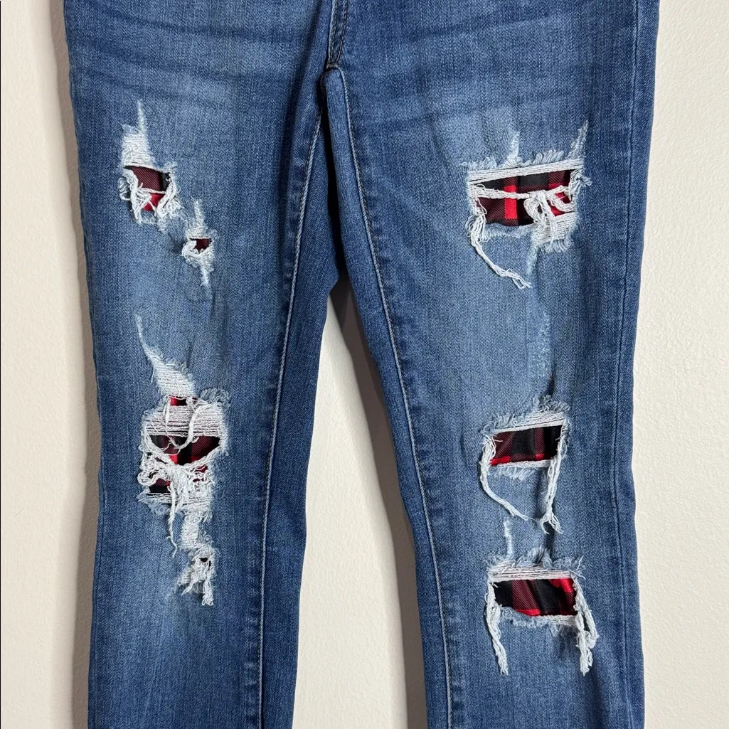 Judy Blue Distressed Buffalo Plaid Patch Blue Skinny Fit Jeans 0/24 - Image 9