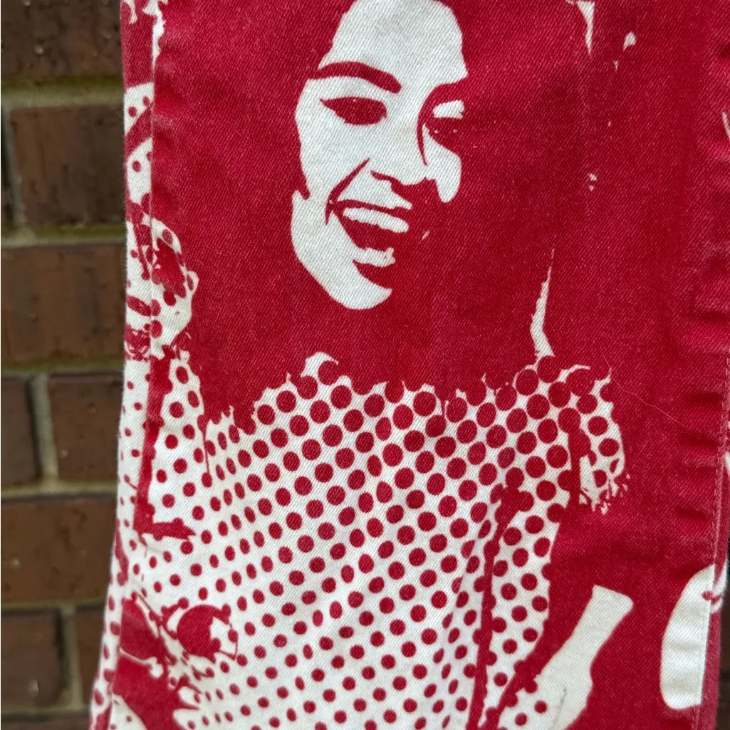 Edikted Andy Print Red White Face Novelty Print Flare Bell Bottom Jeans Size XS - Image 4