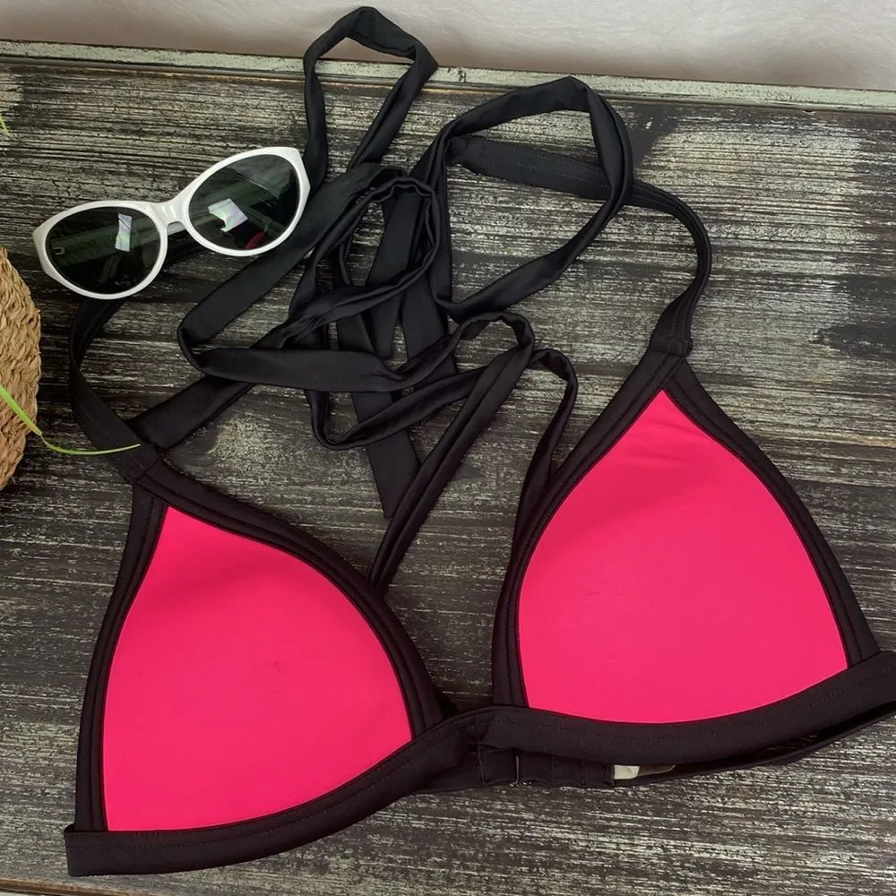 Victoria’s Secret Pink Black & Pink Colorblock Bikini Bathing Suit Swim Top M - Image 2