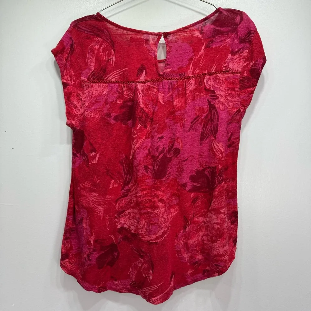 Lucky Brand Magenta & Burgundy Cap Sleeve Loose Fit Crochet Lace Inlay Top L - Image 5