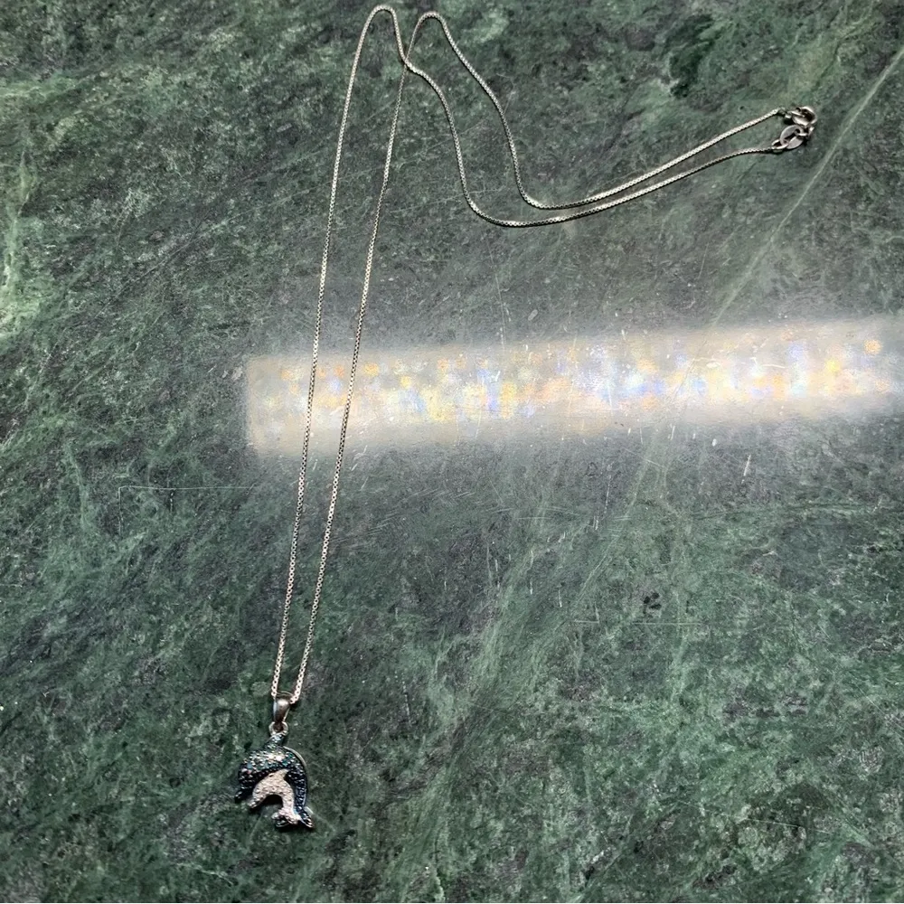 Blue And White Diamond Two Dolphin Pendant Necklace Sterling Silver 925 SUN 20” - Image 4