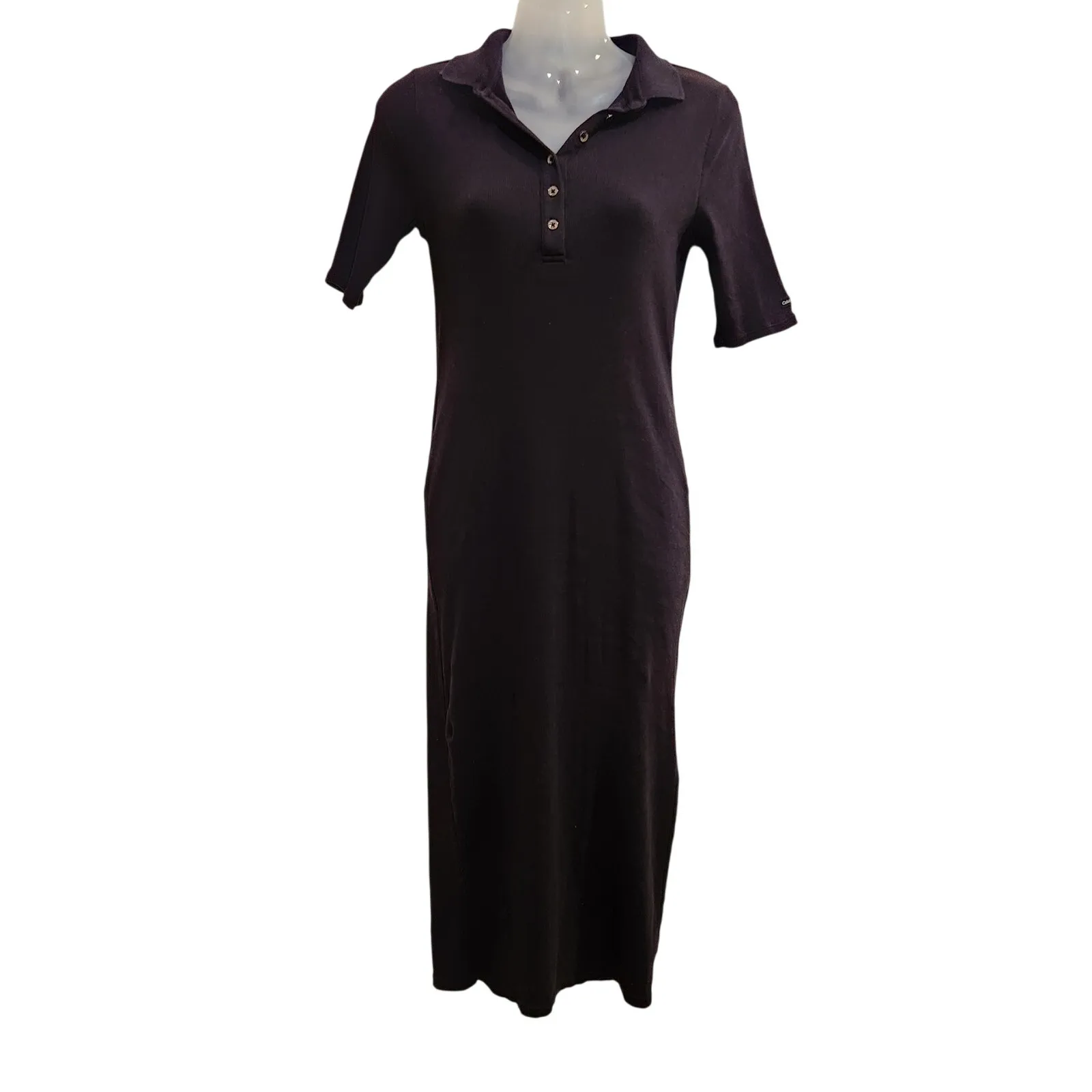 Calvin Klein Black Knit Rib Short Sleeve Ballet Polo Sweater Midi Dress Medium - Image 2