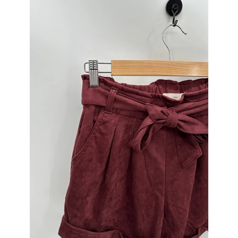 tgla Womens Paperbag Shorts Size S Wine Faux Suede Belted Casual High Waisted Purple - Image 3