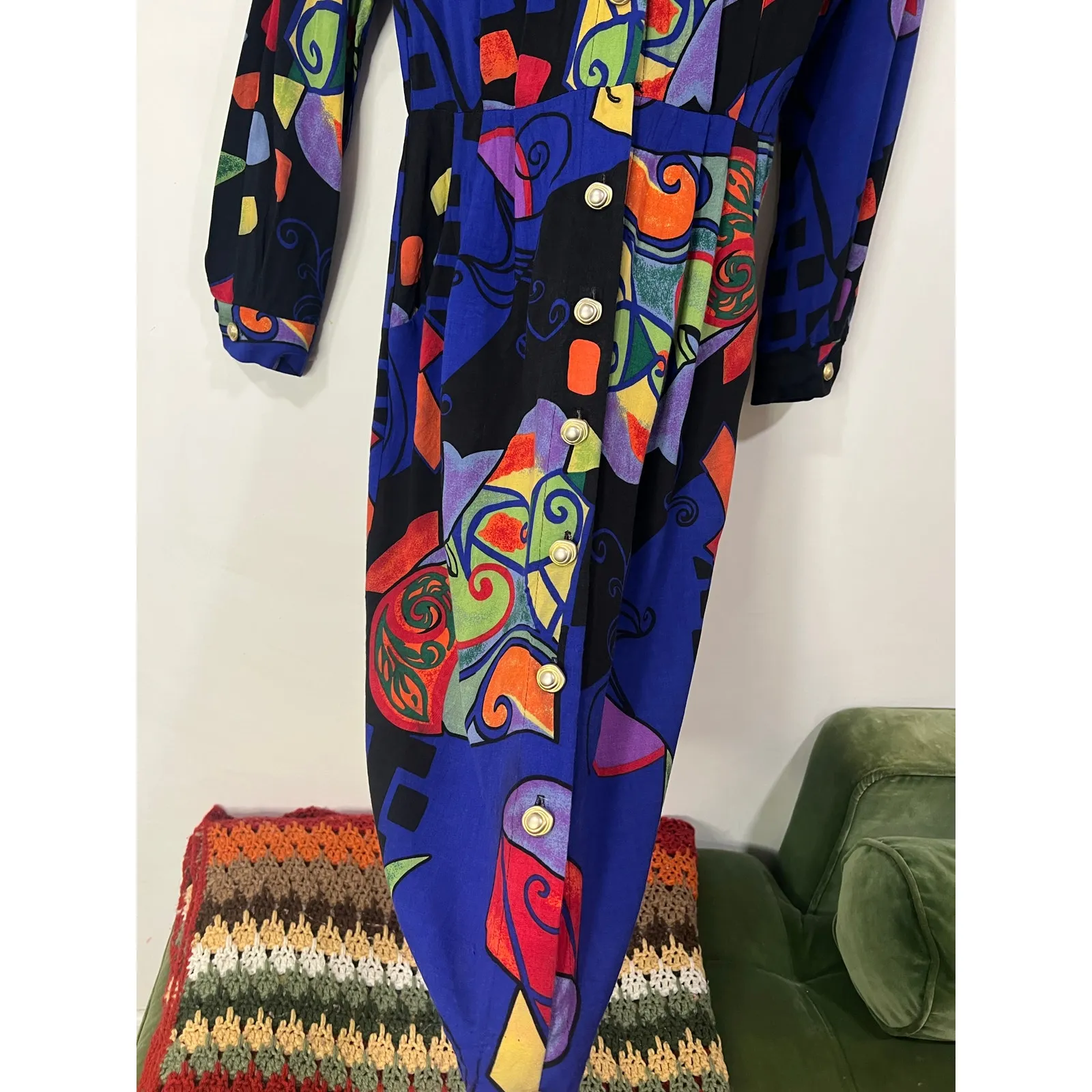 Vintage Women’s Melissa Collection Funky Art Deco Abstract Print Shirt Dress 4 Blue - Image 3