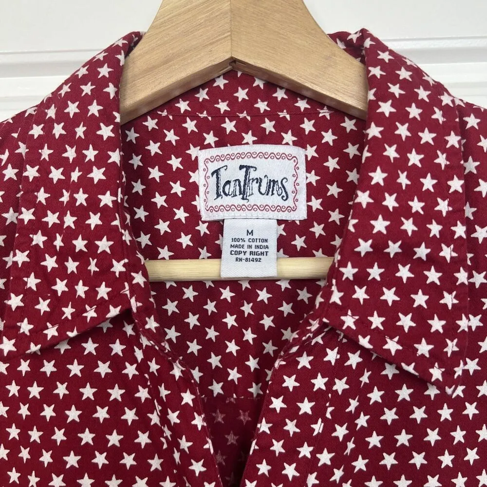 Vintage 90s Tantrums Star Print Button Top Size Medium Fourth Of July Red - Image 2
