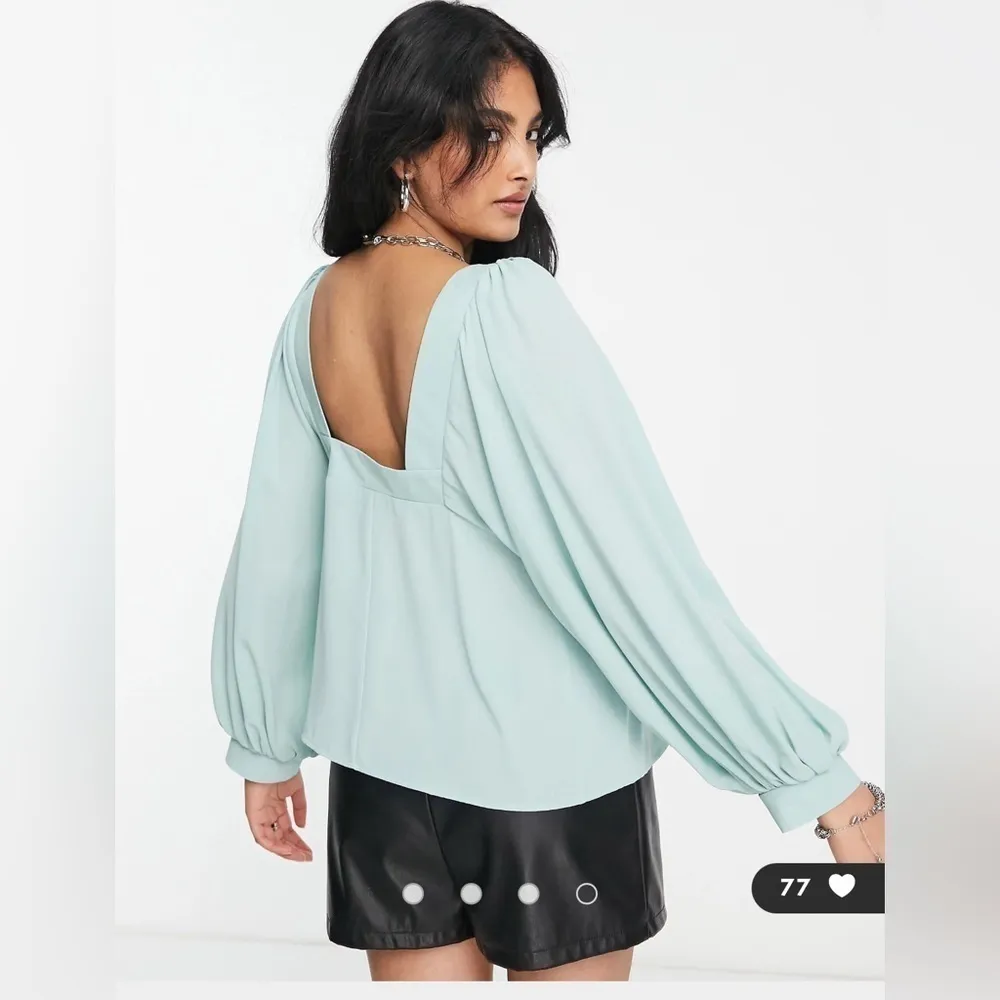 ASOS DESIGN Square Neck Top With Blouson Sleeve in Sage - Image 2