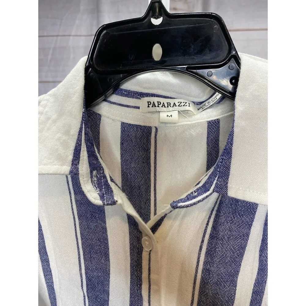 PAPARAZZI Linen Blend Dress w Pockets MEDIUM Blue Striped Belted Button Front - Image 6