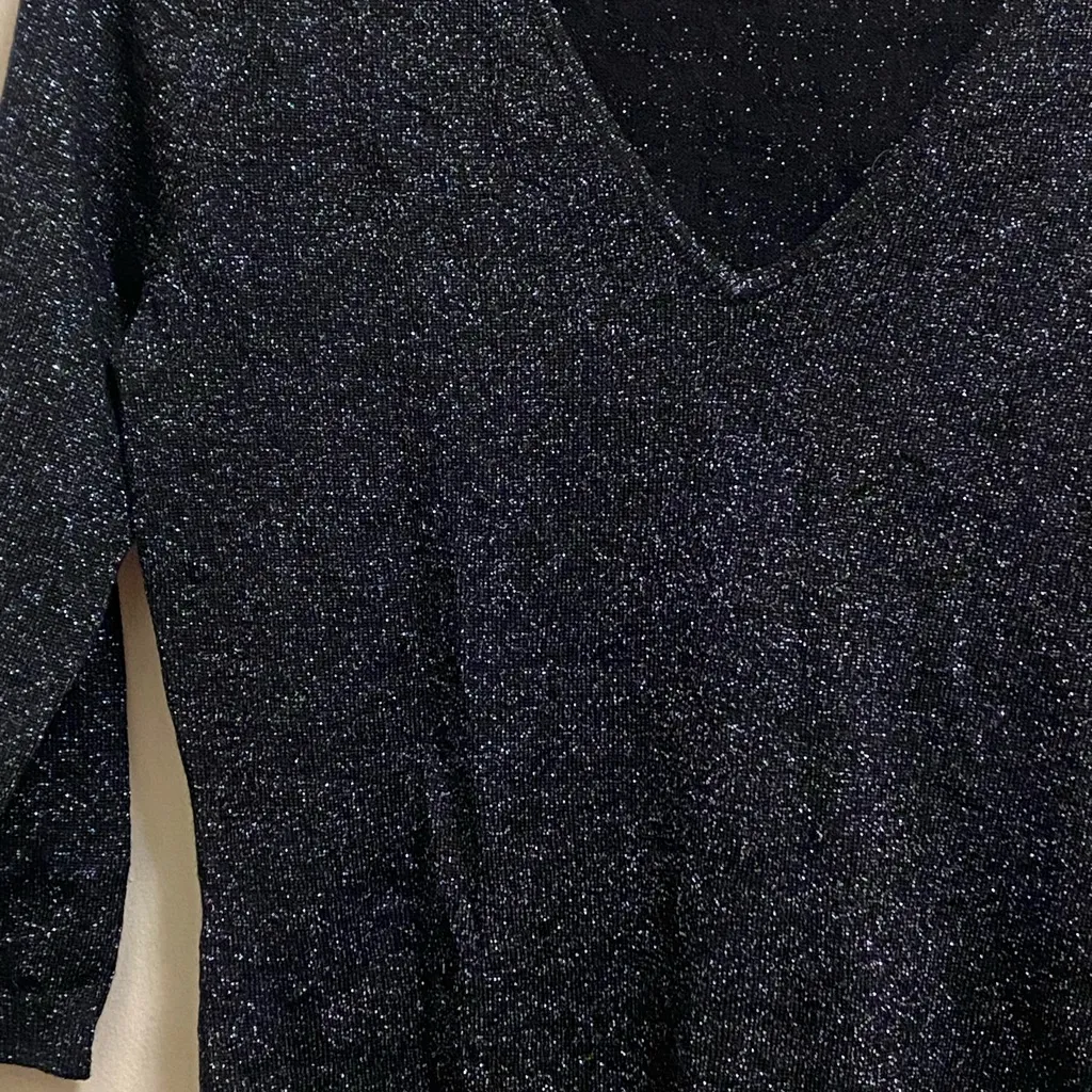 Metro Womens 3/4 Sleeve Top Blouse M Black V Silver Glitter Sparkle New Years Size M - Image 4