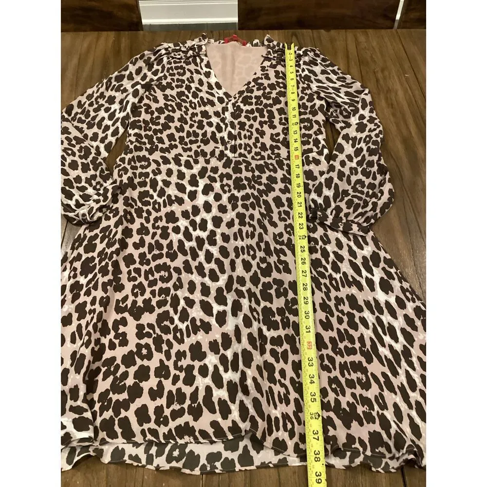 Elaine Turner Leopard Long Sleeve tunic Swing knee length silk Dress V Neck S - Image 10