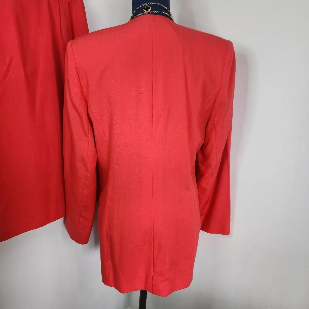 Vintage Coral Red Orange Oleg Cassini Skirt and Blazer Suit Set - Image 6