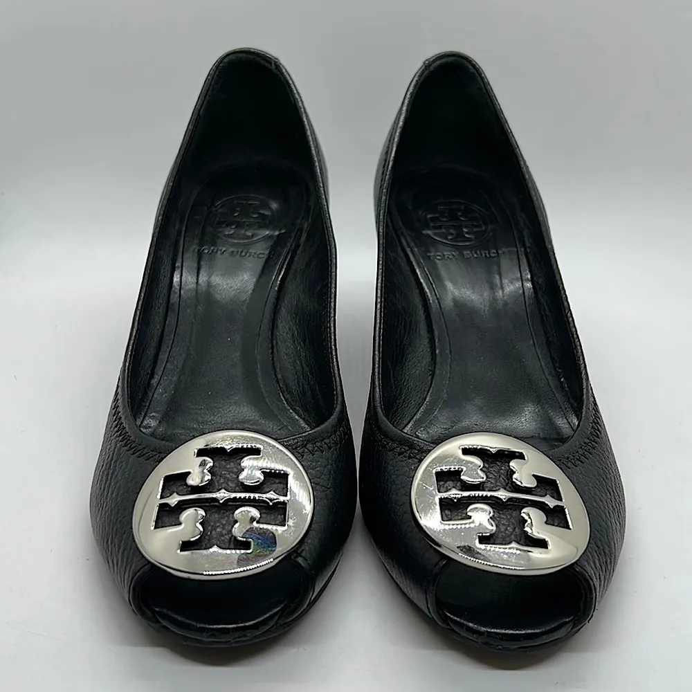 Tory Burch Sexy Black Leather Peep Toe Wedge Heels Shoes **Size 6.5** 🔥🔥 - Image 2