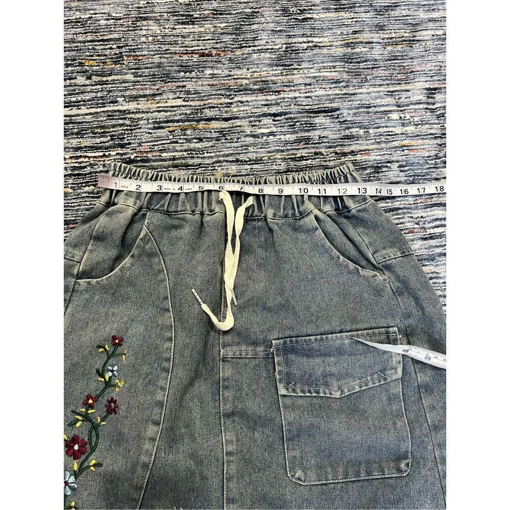 Jean Midi Skirt vintage looking elastic waist pockets sz M Blue Size M - Image 6