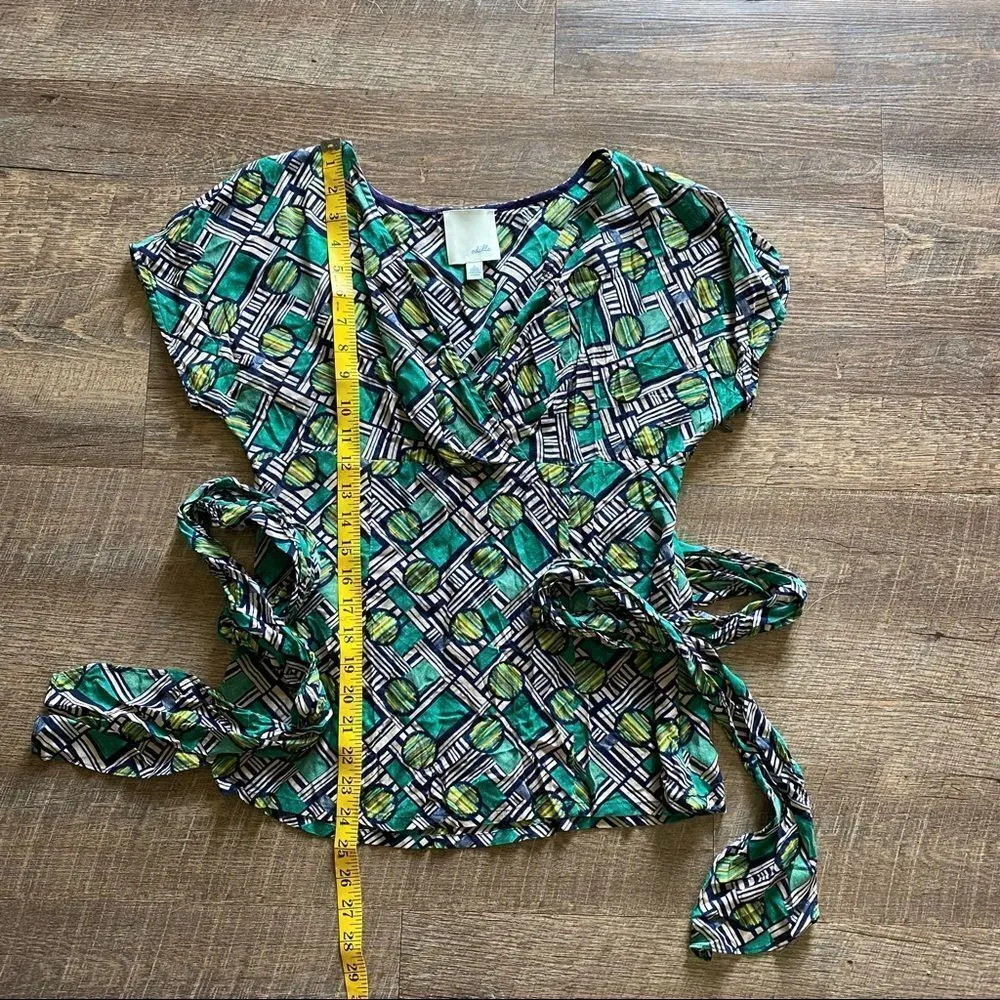 Anthropologie Odille Wrap Blouse Navy Green Taupe Rayon Boho Top - Image 11