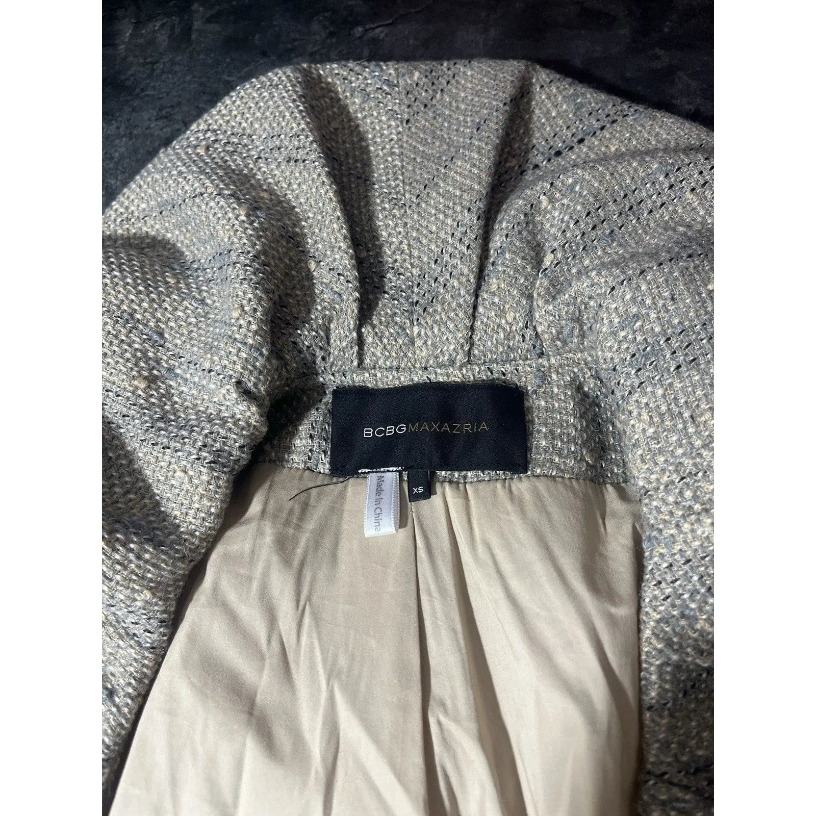 BCBG MAXAZRIA Beige Tweed Ruffle Collar Blazer Jacket Size XS Wool Blended - Image 3