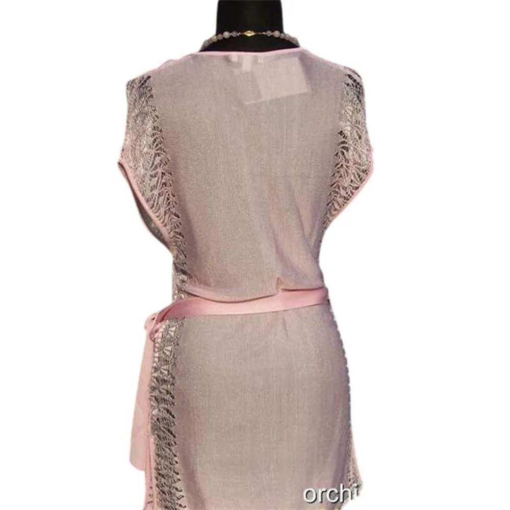 Cache Pink Peek A Boo Sides Knit Tunic Removable Belt Top Stretch Deep V NWT $98 - Image 4