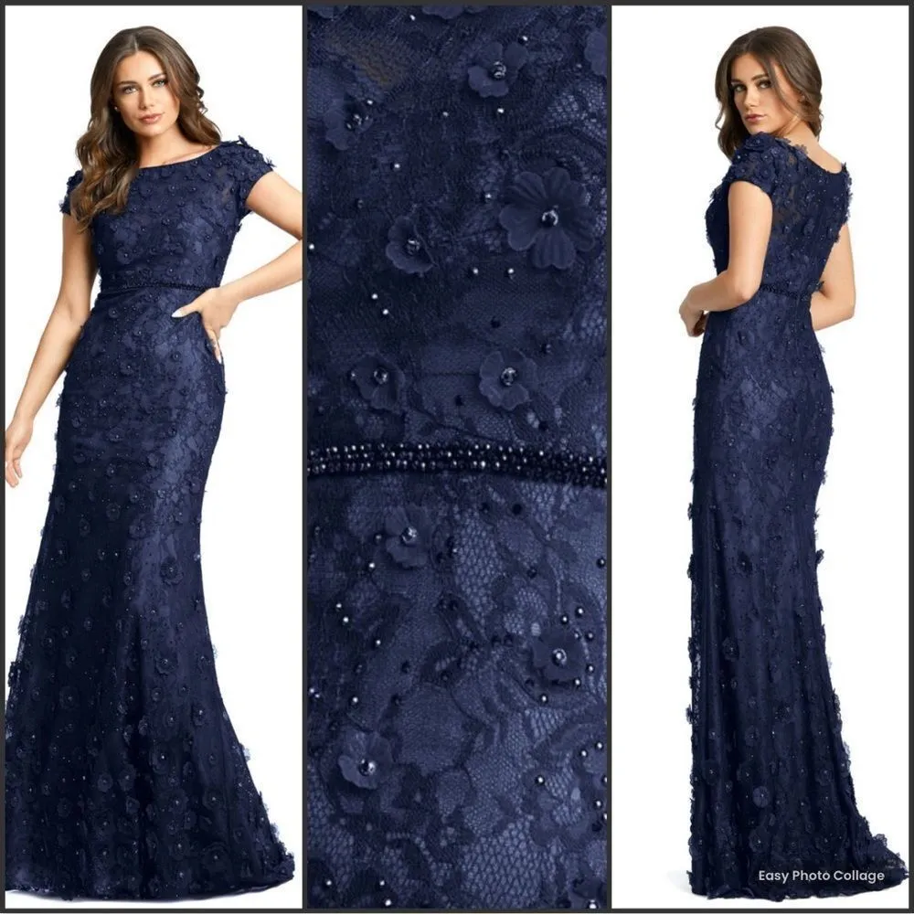MAC DUGGAL 67711 Navy Floral Applique Boat Neck Cap Sleeve Gown - Image 3