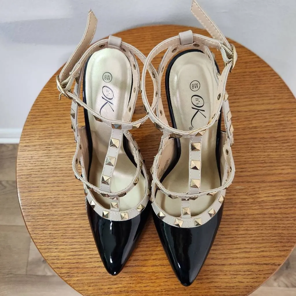It's OK Black and Tan Strappy Heels Size 8W pointy toe heels wide heels - Image 3