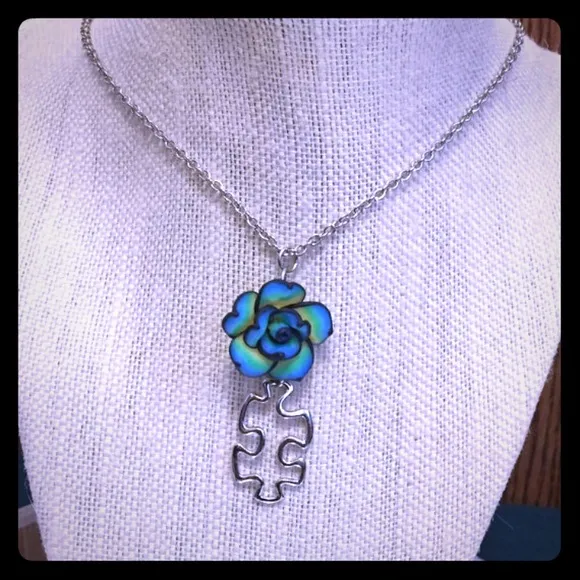 Puzzle Piece Blue Flower Necklace - Image 2
