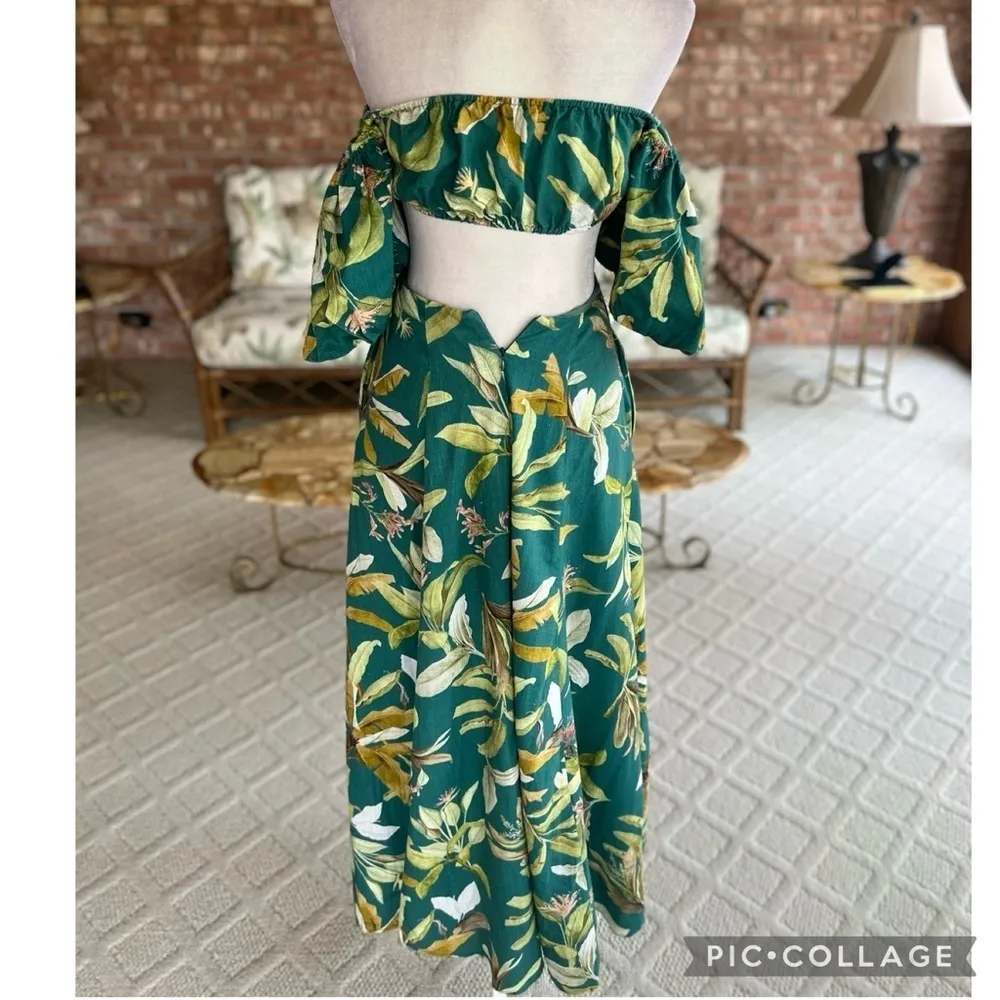 O.P.T. Callista Dress Maxi Floral Palm Off the Shoulder Linen Blend XS Party Mod Green - Image 11