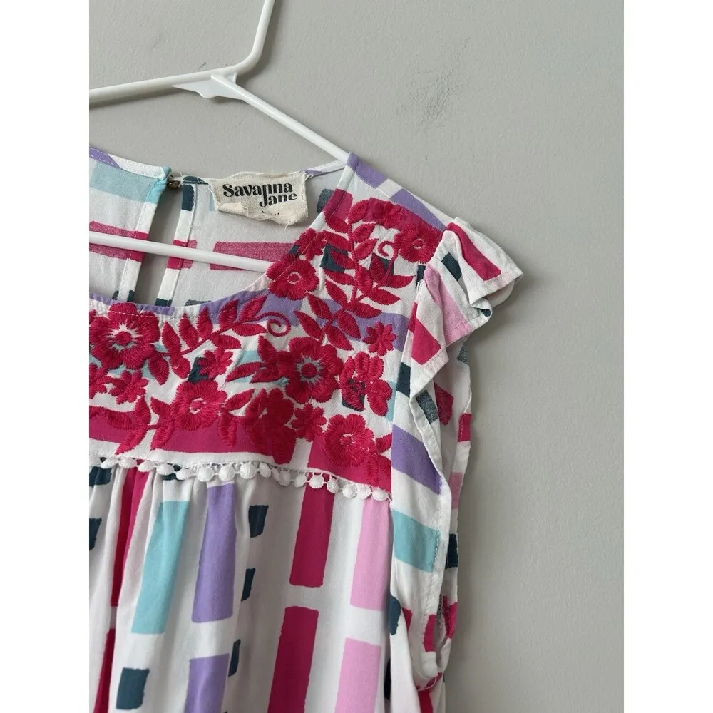 Savanna Jane Colorful Geometric Floral Embroidered Blouse Top Size Large Preppy Pink - Image 9