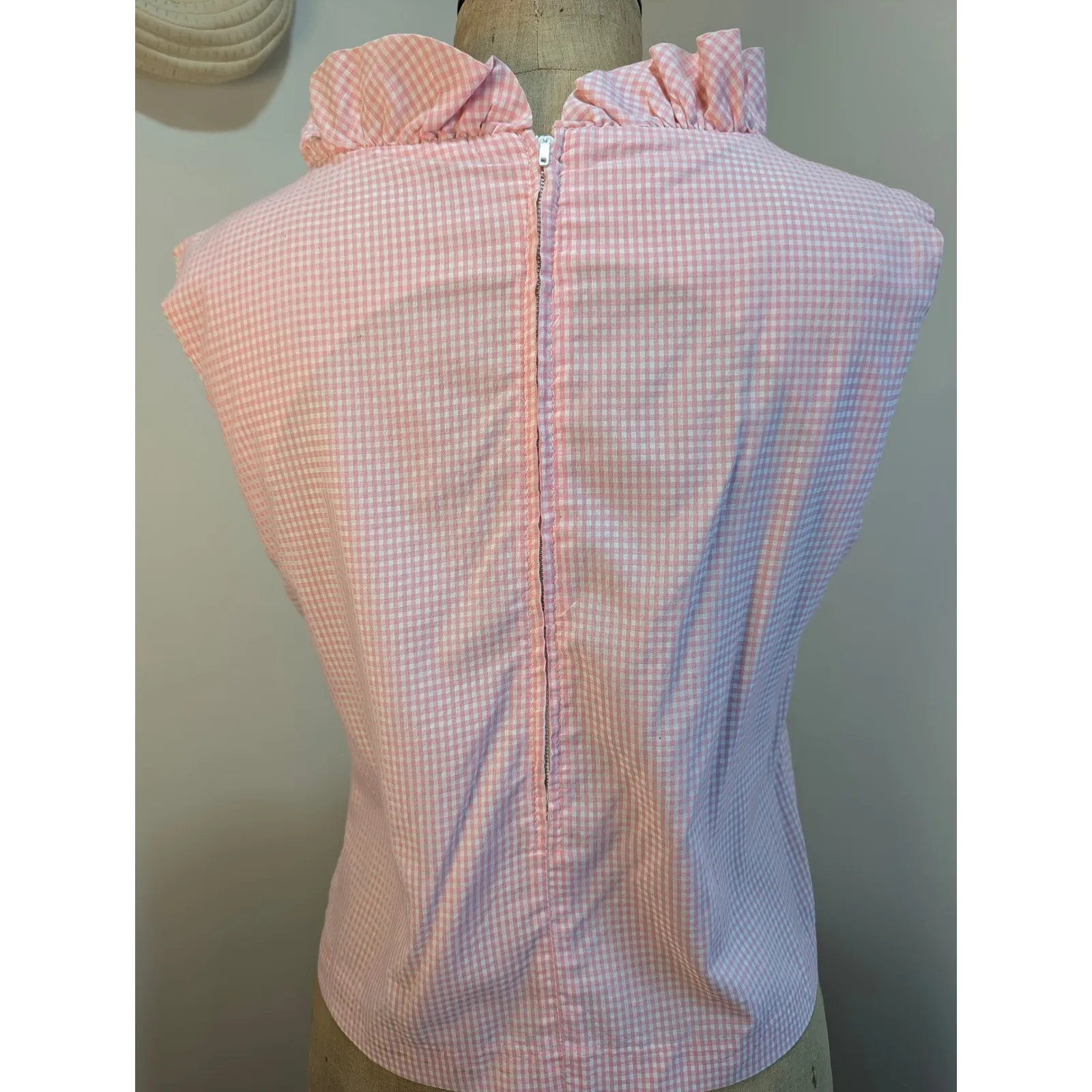Handmade Gingham Ruffle Collar Sleeveless‎ Top Pink White Checkered Blouse - Image 3