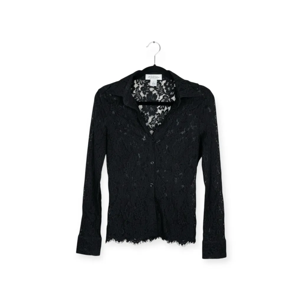 Vintage: Brooks Brothers ✿ Sheer Floral Lace Blouse ✿ Black ✿ 8 ✿ Scallop Trim - Image 5
