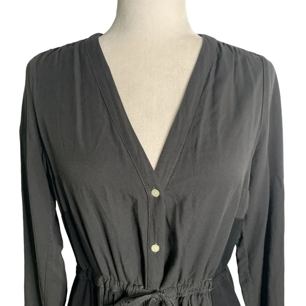 Gap Button Down Long Sleeve Dress 4 Grey V Neck Pockets Drawstring Tie Waist - Image 2