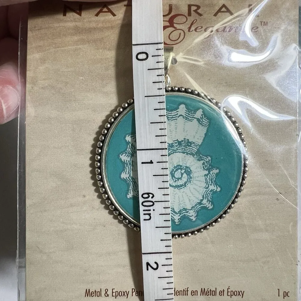 Blue Moon Beads Natural Elegance Shell Pendant Round Silver and Teal Metal Epoxy - Image 4