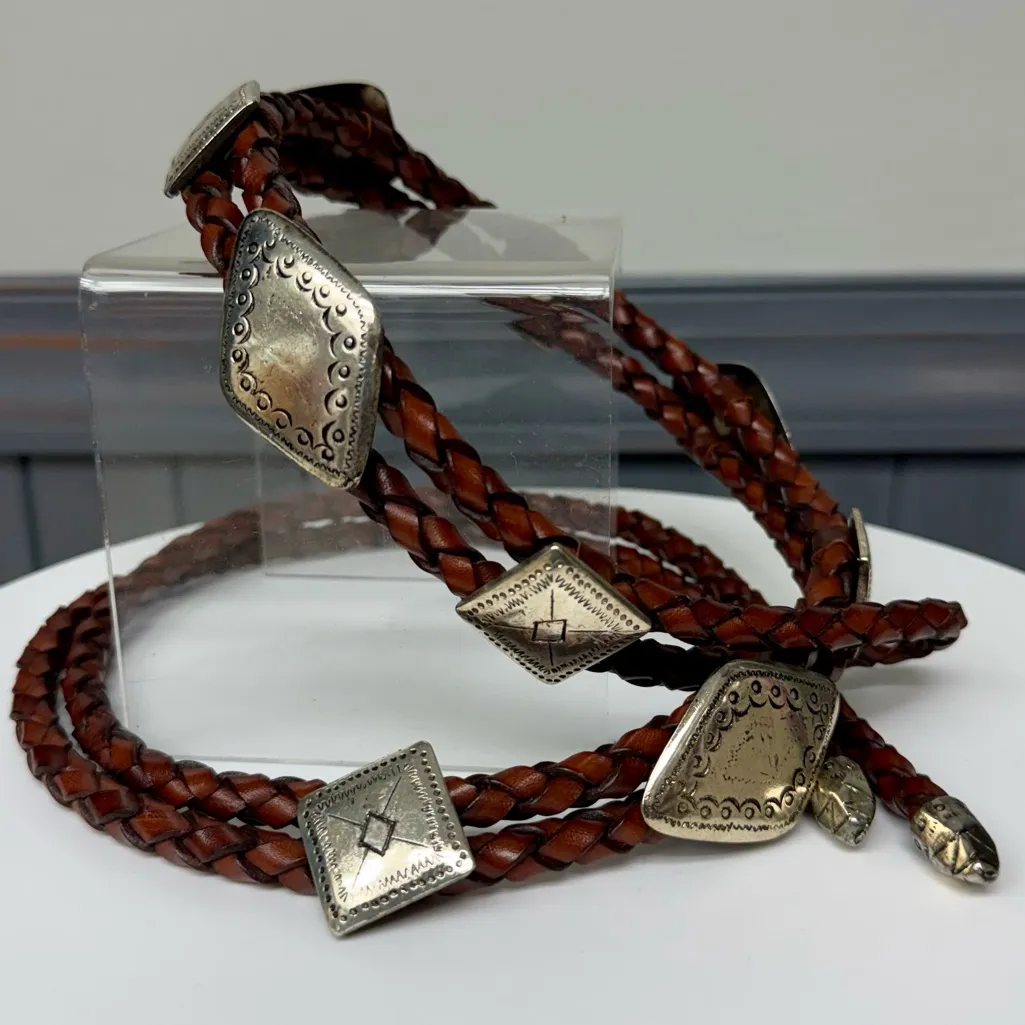 Vintage Braided Brown Leather Silver Concho Belt Western Bolo Style Rope Belt - Image 14