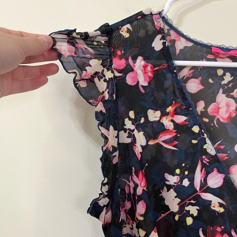 Betsey Johnson Sheer Blue Pink Floral V-Neck Romper Lingerie - Image 3