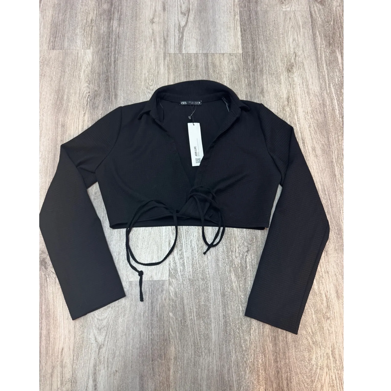 Zara Collared‎ Tie Front Cropped Blouse Top Long Sleeve Black Size Large NWT - Image 2