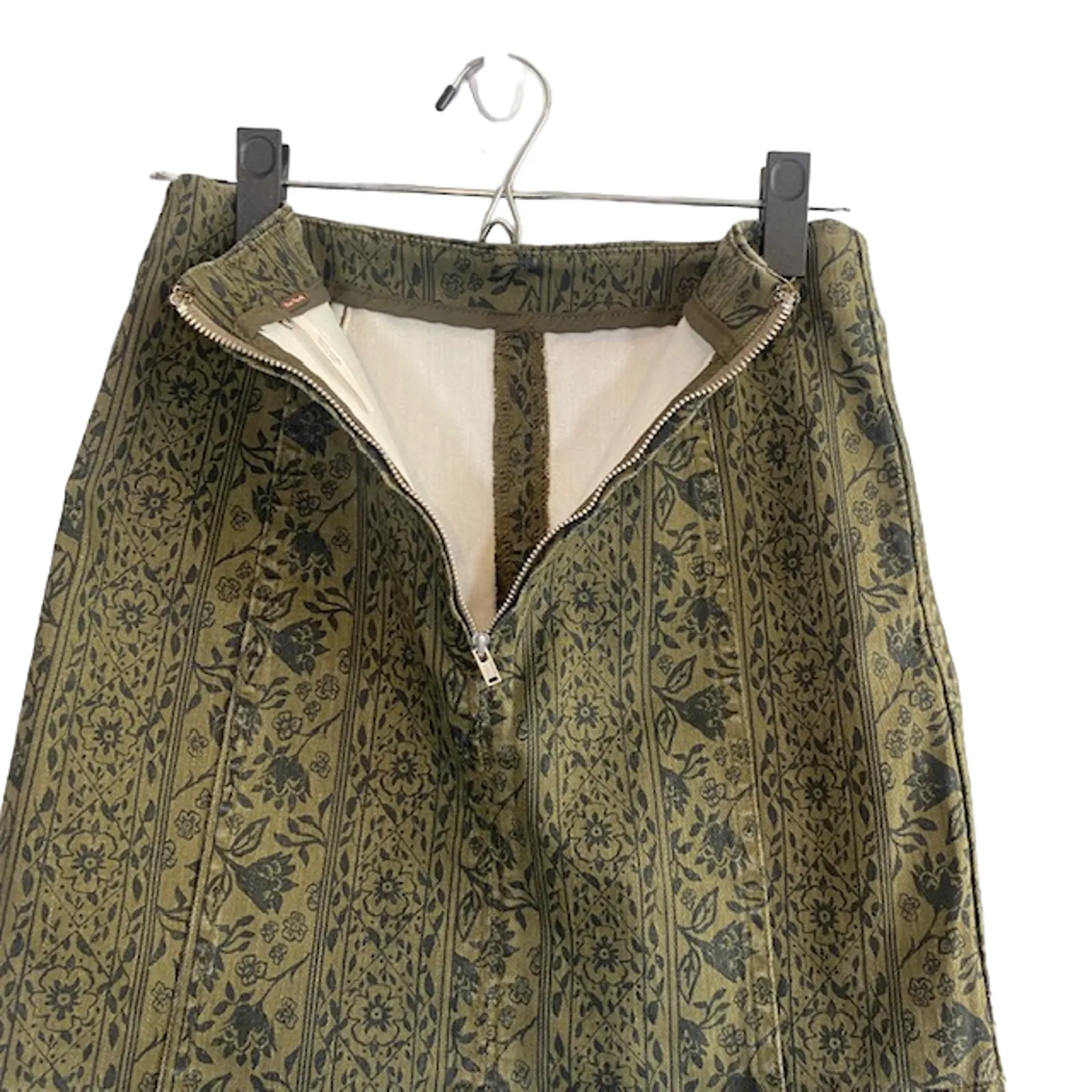 Free People Women’s Olive Floral Detail Straight Denim Mini Skirt Size 4 - Image 3