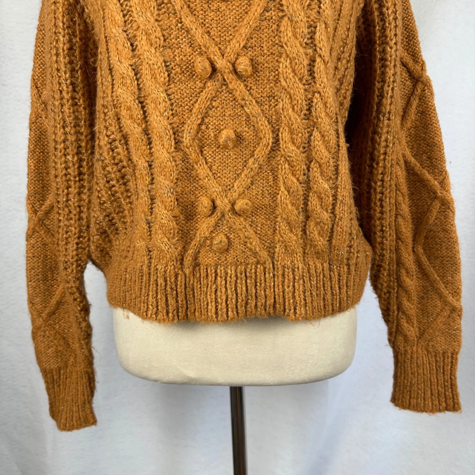 Dreamers by Debut Women XL Cable Knit‎ Pom Pom Cropped Sweater Honeycomb Autumn Orange - Image 3