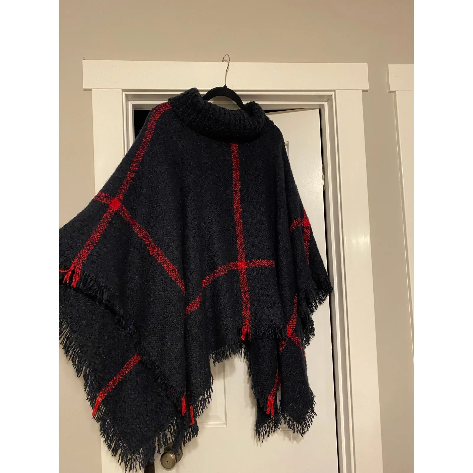 Plaid Turtleneck Knit Fringe Navy Poncho Sweater OS Boho Scandigirl Drape Winter - Image 3