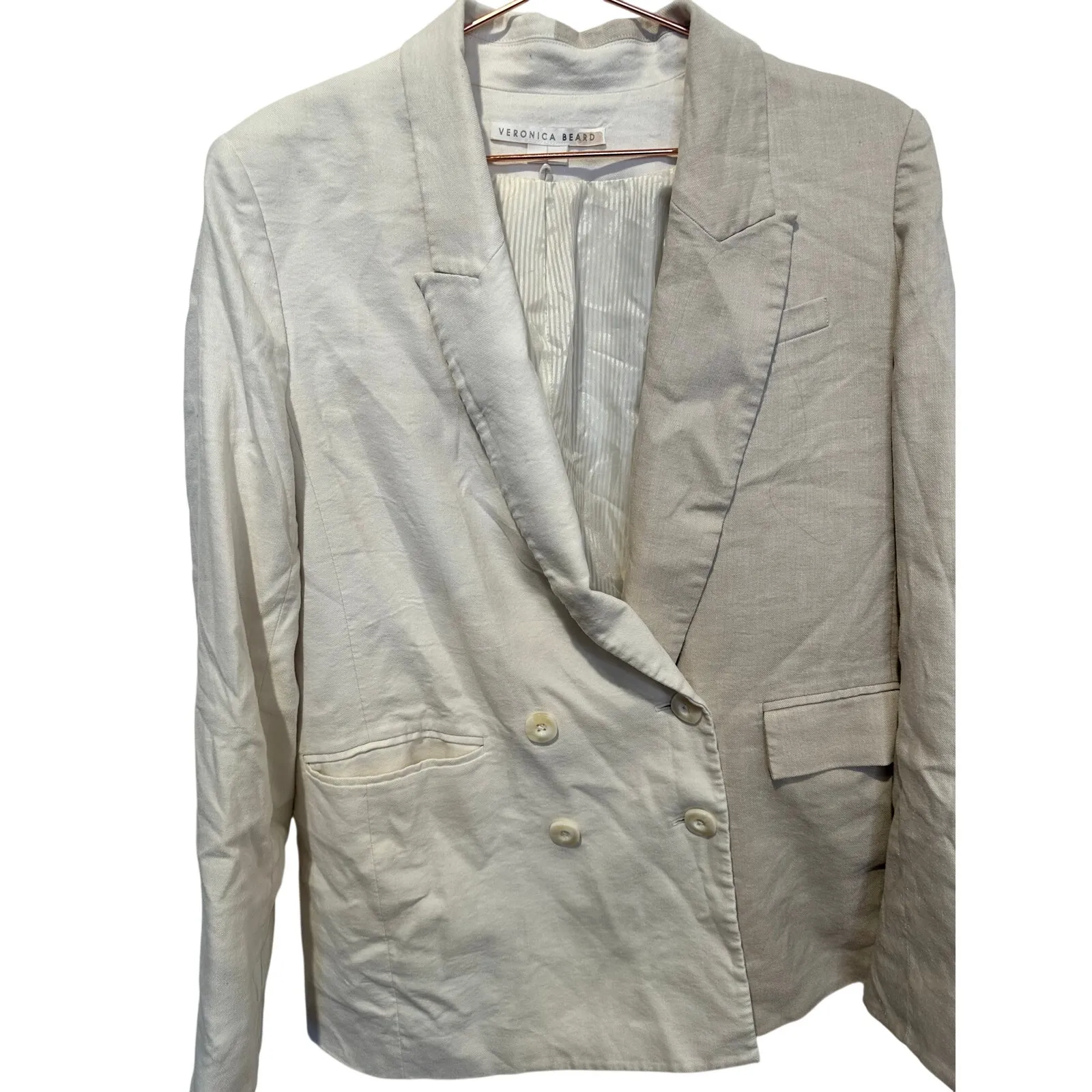 VERONICA BEARD Braeton Tan White Dickey Blazer Jacket Officewear Linen size 14 - Image 14