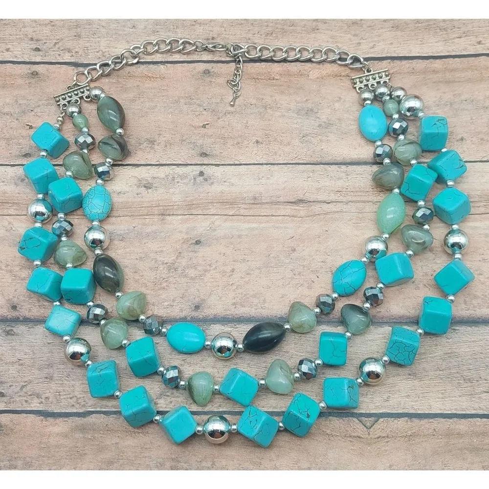 Silver Tone Faux Turquoise Statement Necklace Multi Strand Beaded Collar 21" Blue - Image 9