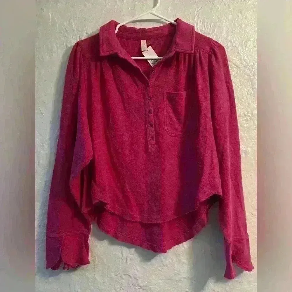 NWT Anthropologie Pilcro Magenta Top Long Sleeve Terry Crop Relaxed Polo; size S - Image 2