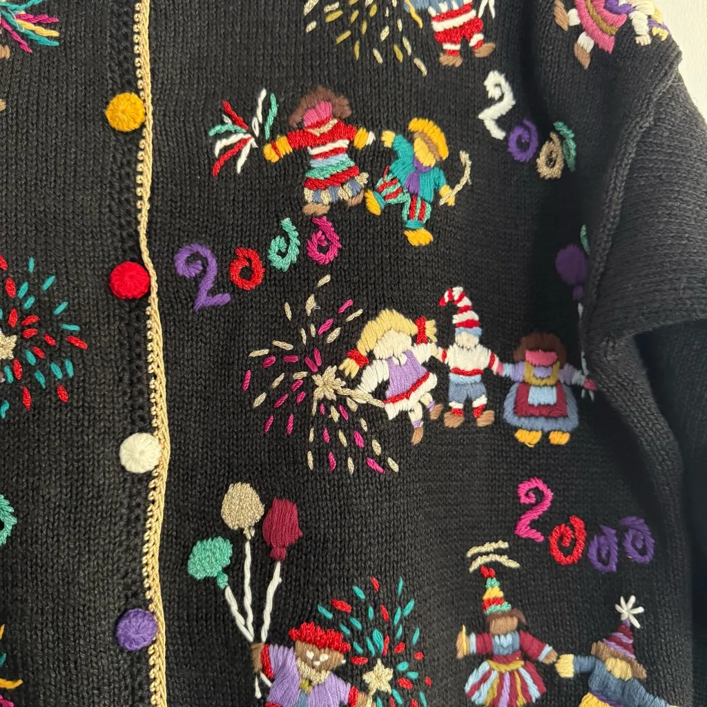 Vintage 1999 Heirloom Collectibles World Party 2000 Cardigan Sweater‎ Y2K Size L Black Size L - Image 5