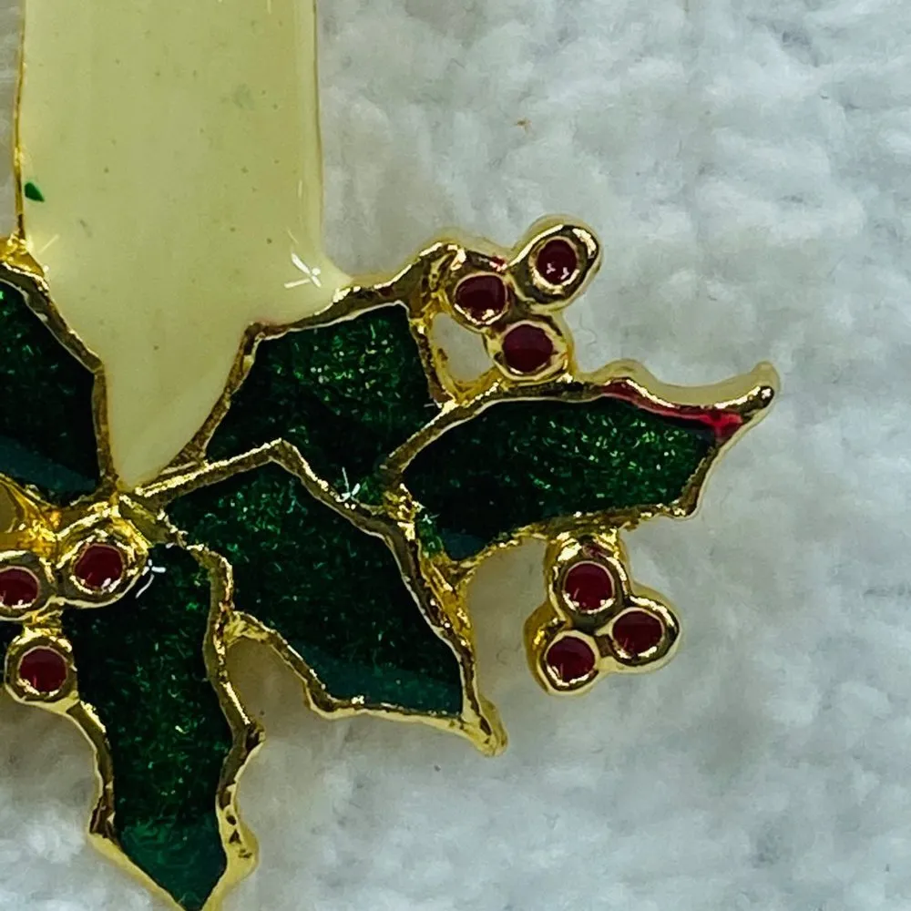 Candle Stick Holly Leaves Berries Christmas Pin Brooch Holiday Wear Vintage - Image 3