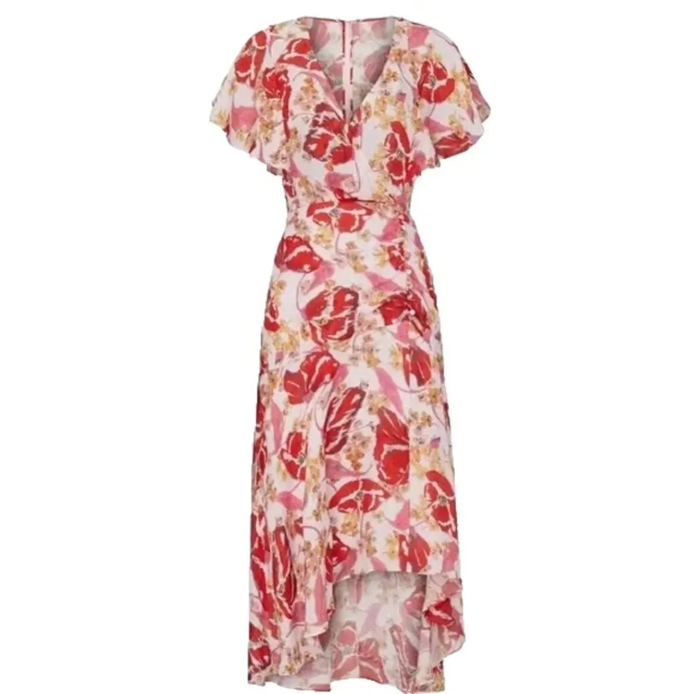 Parker Vivi Dress Pink Floral Print Midi Dress Flutter Sleeves 100% Silk size 6 - Image 5