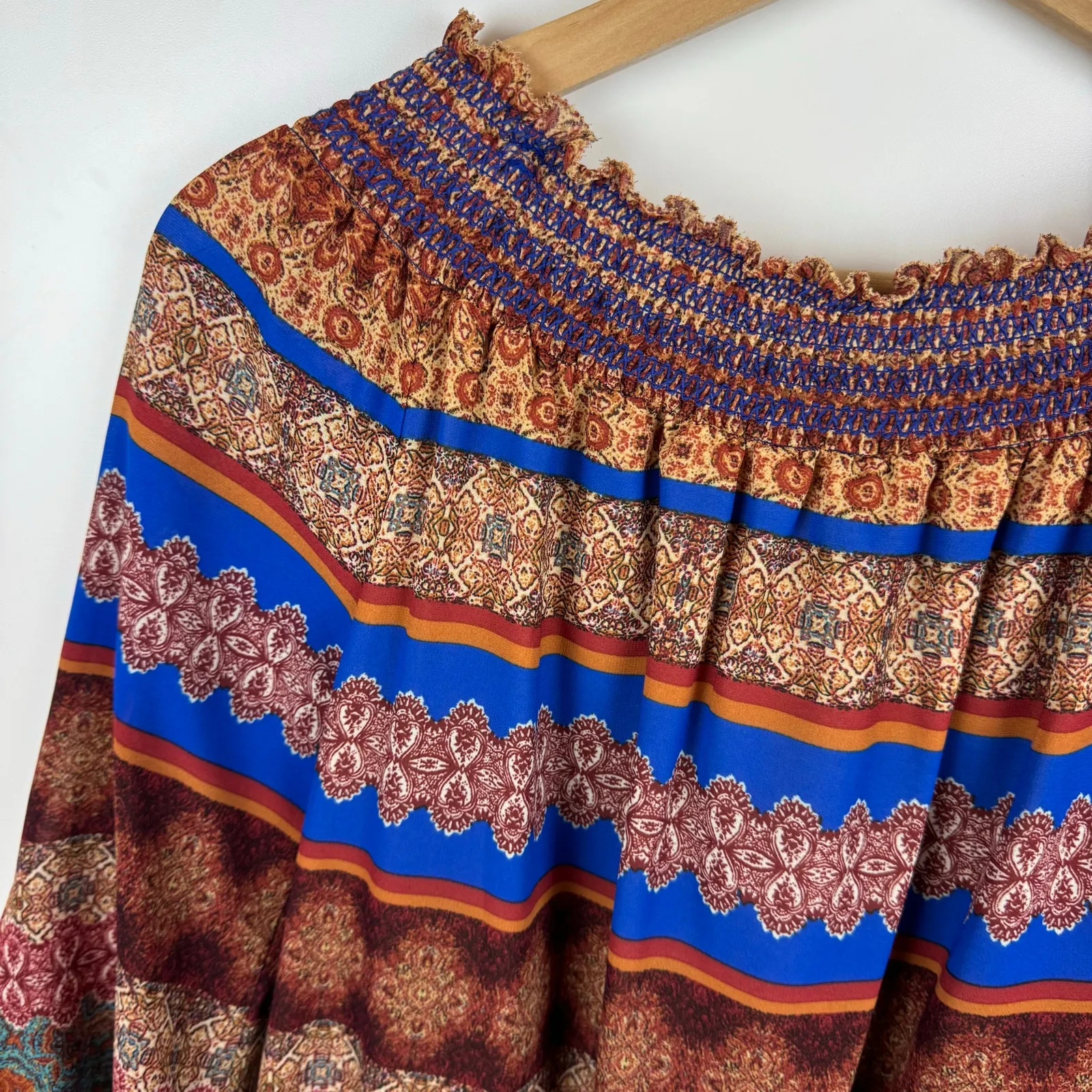 NWT Rose + Olive Womens Multicolor Boho Abstract Off the Shoulder Blouse Sz S - Image 3