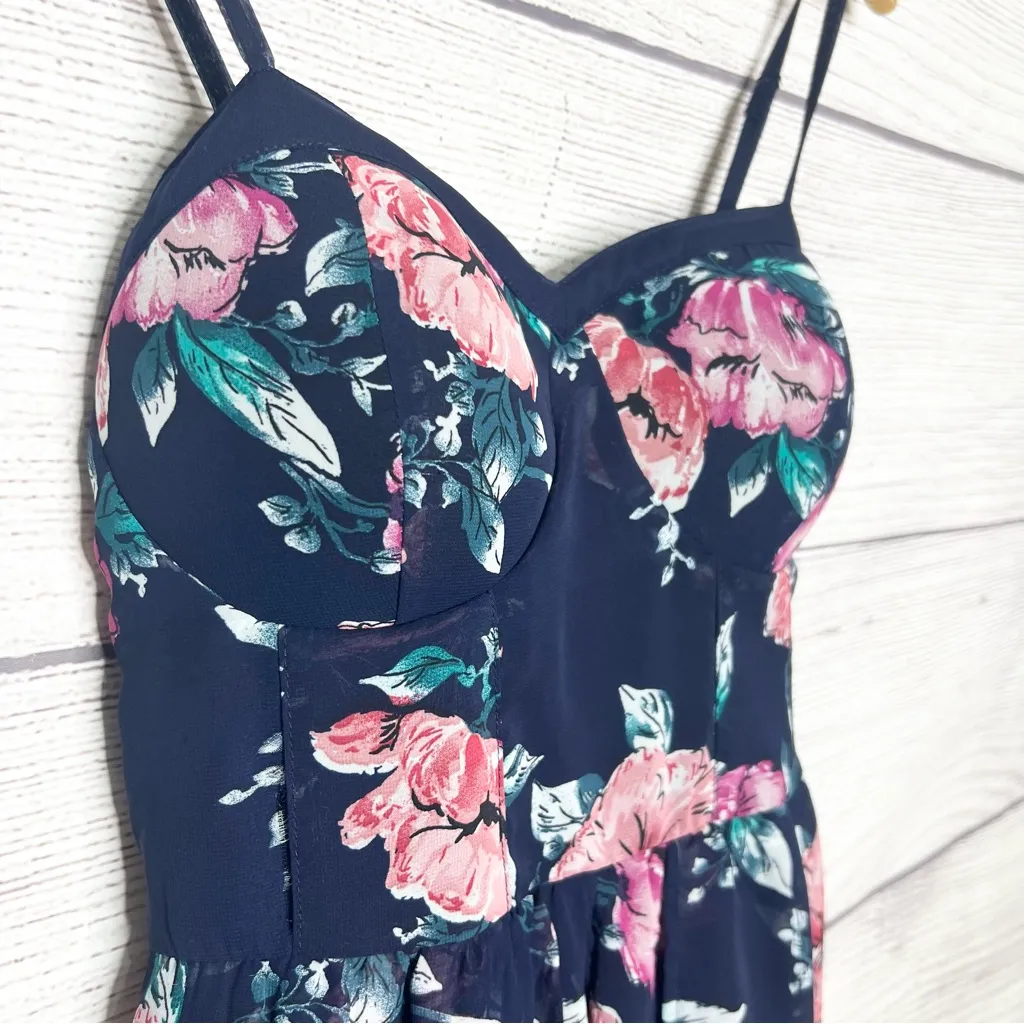 Xhilaration Navy Blue & Pink Floral Mini Romper with Chiffon Overlay Size Small - Image 6