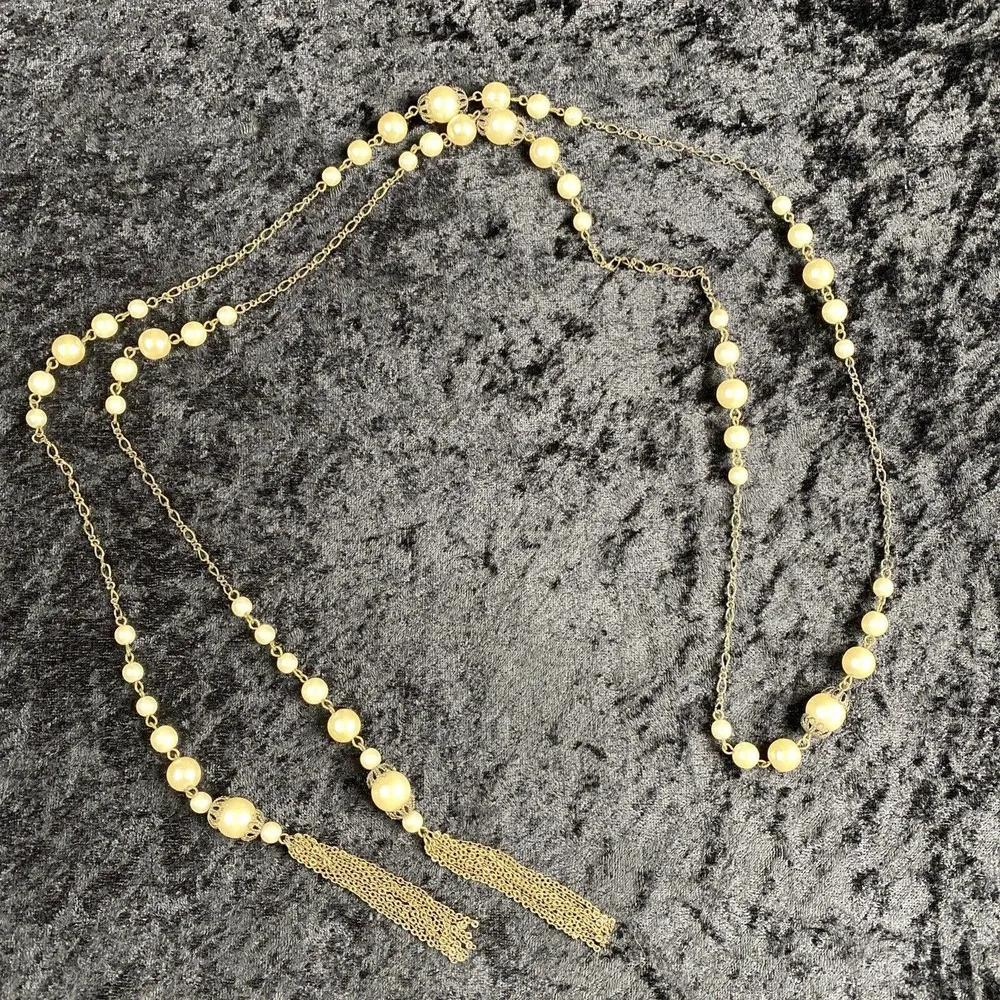 Vintage Flapper 20s Style Lariat Open 56 in Chain Faux Pearl Necklace Tassel - Image 8