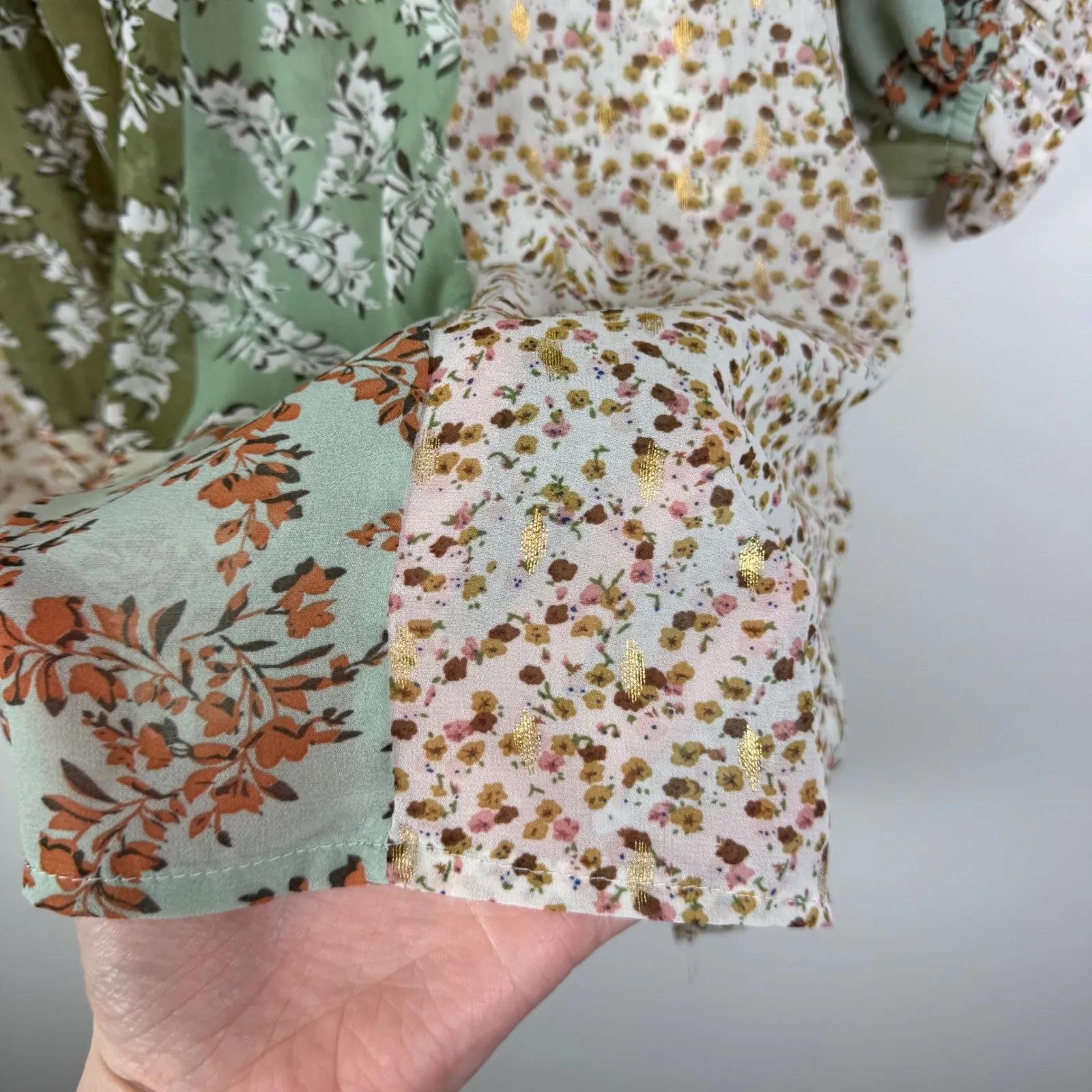 Umgee Patchwork Floral Peasant Tunic Top Small Sheer Smocked Metallic Cottage Green - Image 2