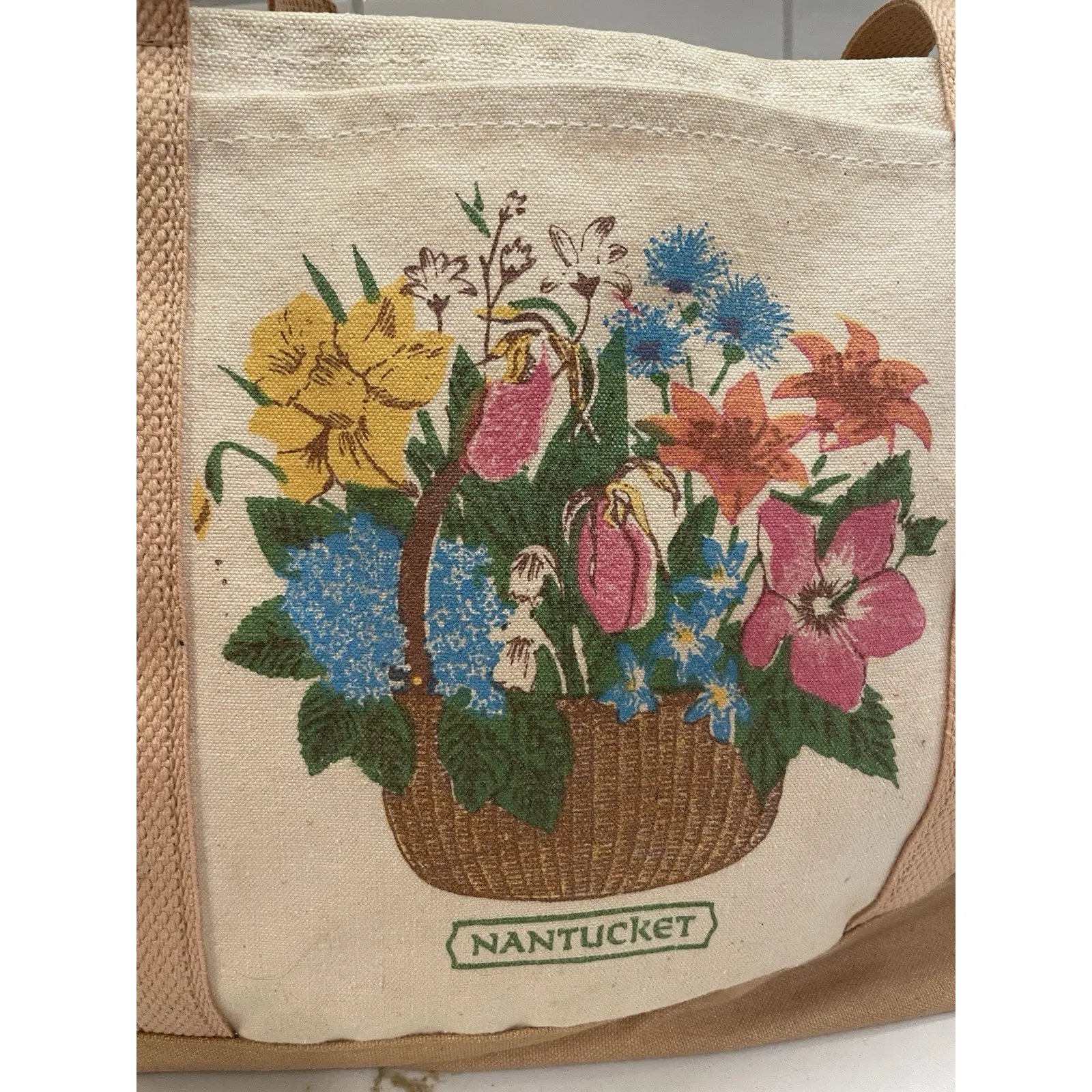 Vintage Nantucket Canvas Tote Bag‎ Flowers Cream Tan Open Boston Hand Print Used - Image 2