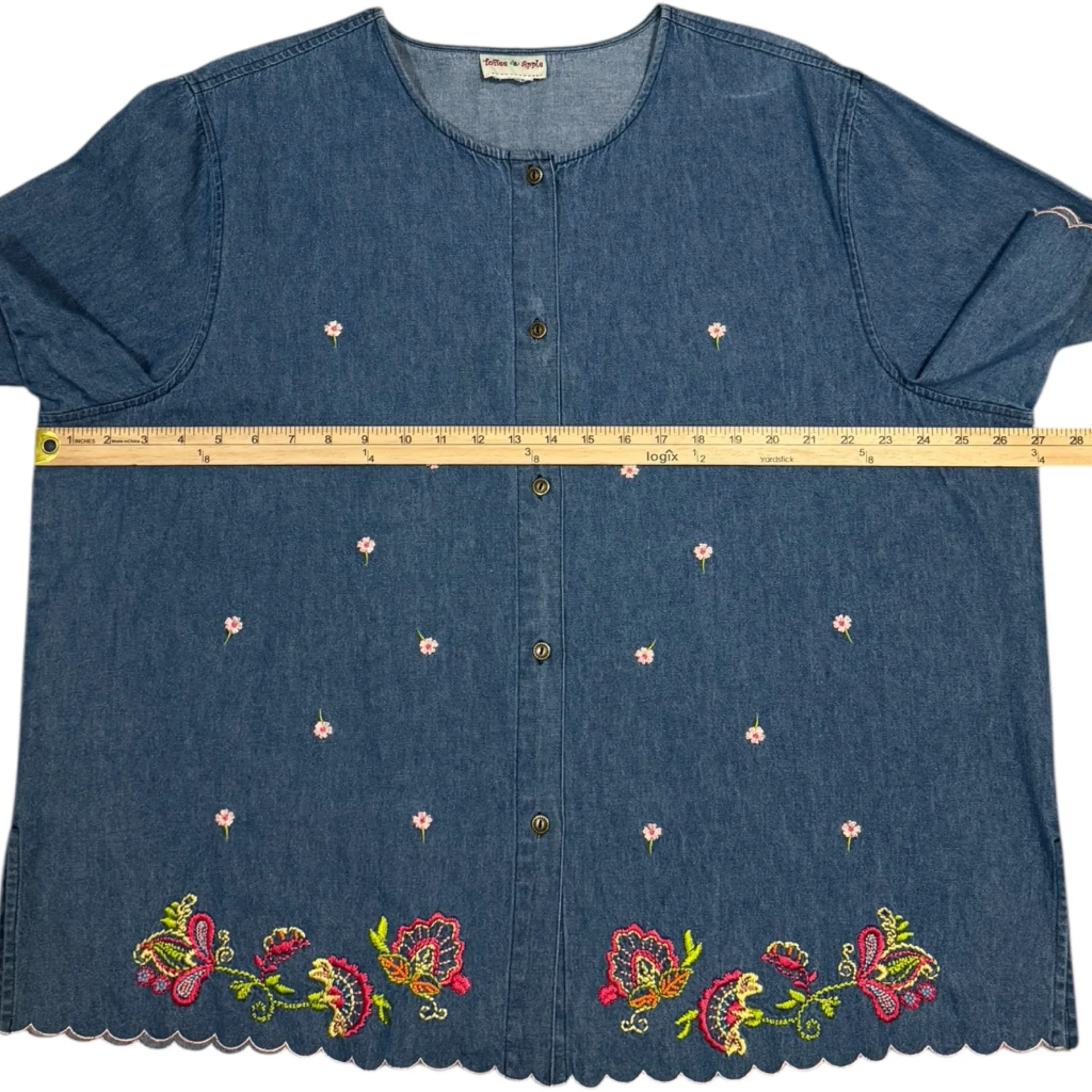 Toffee Apple Floral Embroidered Blue Button Down Shirt with Scalloped Sleeves Size L - Image 7