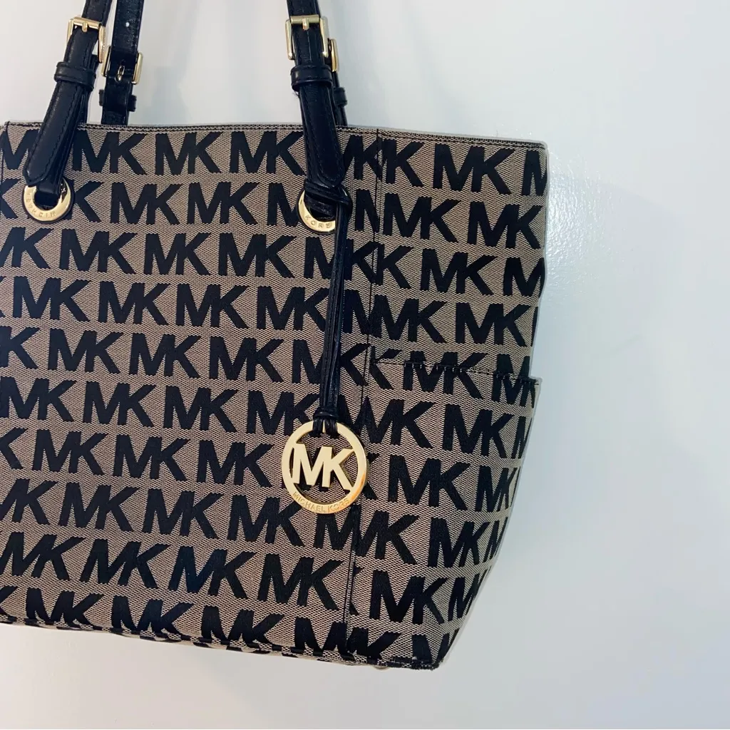 Michael Kors Jet Set East West Jacquard Black and Tan Logo Tote - Image 5
