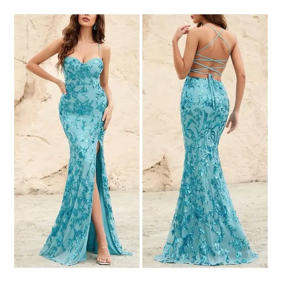 Faeriesty Spaghetti Strap Back Lace Up Sequin Women’s Dress Size Medium … Green - Image 2